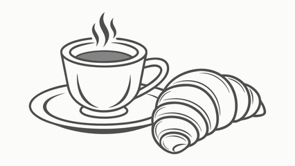 Simple line drawing of a hot coffee cup and croissant