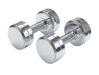 Two chrome-plated dumbbells,  angled slightly,  isolated on black.  Their rounded ends and polished handles are highly reflective