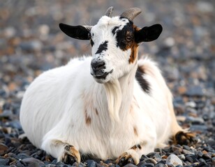 A goat resting on a pebble beach