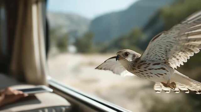 Bird Flying Past Camper Window While User Scrolls on Tablet