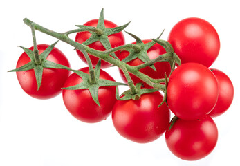 Red cherry tomatoes on branch isolated on white background.