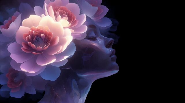 glowing inner light, abstract human head with blooming flowers symbolizing healing