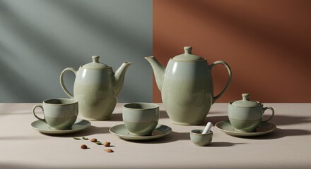 Fototapeta premium Elegant Teapot and Cup Set Styled on Table with Natural Light