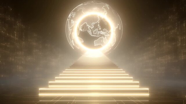 conceptual startup launch theme, glowing steps ascending toward floating light orb, surrounded by tech grids