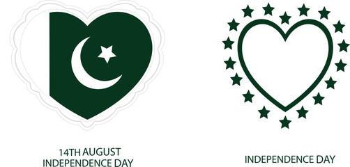 A heartfelt design celebrating Independence Day, featuring two unique heart shapes. The left heart includes the crescent moon and star from the Pakistani flag, while the right heart is adorned with st