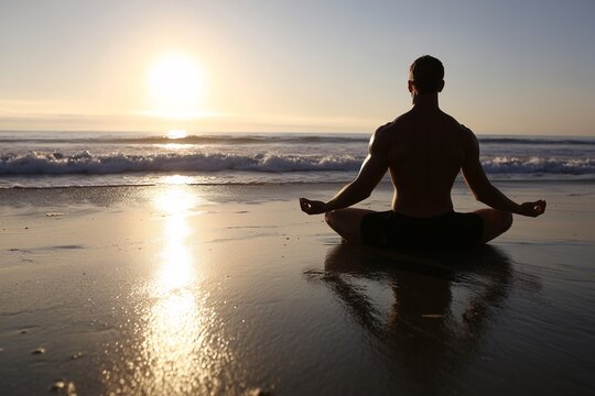 Man meditating on wet sand beach, Sunrise light on ocean waves, Wellness and body-mind connection concept