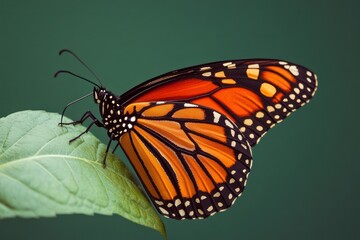 Fototapeta premium Monarch butterfly resting on green leaf surface