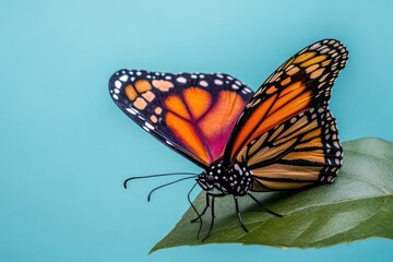 Fototapeta premium Monarch butterfly resting on green leaf surface