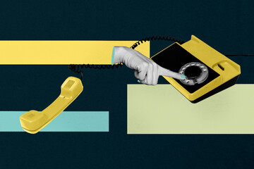Image full pop trend collage of human hand hold telephone handset telemarketing call center operator retro tool telecommunication
