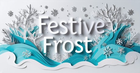 Papercraft design features winter branches, snowflakes, blue waves. Festive text overlays snowy landscape. Cool tones dominate composition.