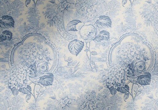 Fototapeta Elegant blue toile wallpaper design with floral bouquets and classic scenes repeating continuously