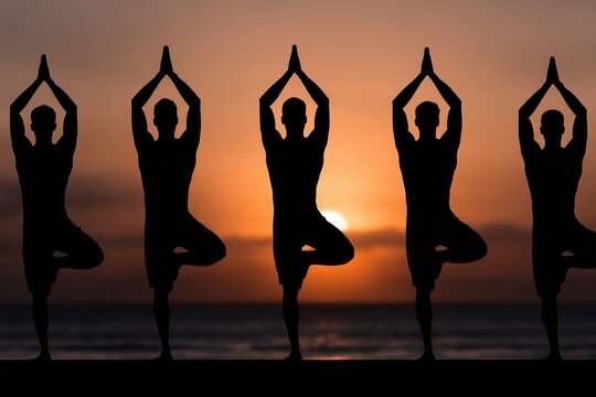 Silhouettes in tree pose at beach, Group balance at dusk, Yoga unity in natural harmony setting
