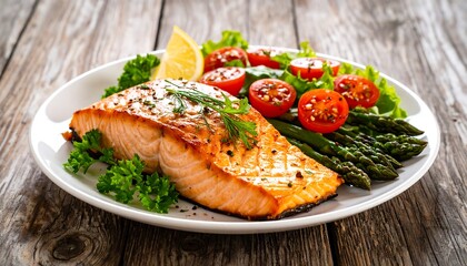 Pan-seared salmon fillet with roasted asparagus and cherry tomatoes