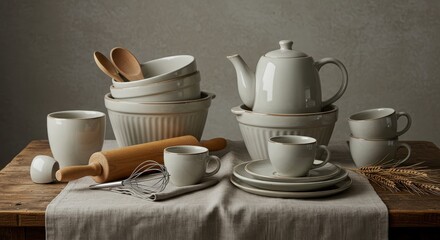 Fototapeta premium Elegant Ceramic Dinnerware Display on Wooden Tabletop for Kitchen