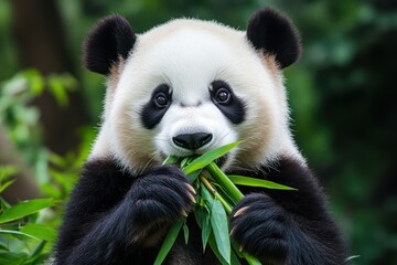 Fototapeta premium Panda sitting and munching bamboo peacefully
