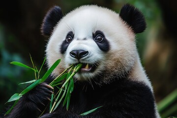 Obraz premium Panda sitting and munching bamboo peacefully