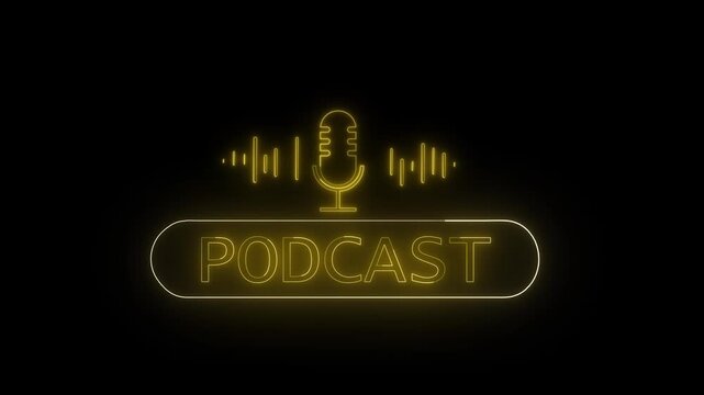 Digital media animation of podcast intro with neon sign and gold microphone visuals. Modern graphic design element featuring gold mic and neon audio waves for online radio shows.
