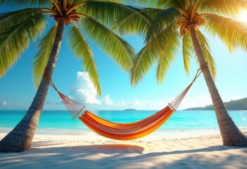 vibrant beach hammock swaying palms serene tropical setting relaxation coastal paradise, sunset, island, ocean, water, sand, sky, summer, leaves, view