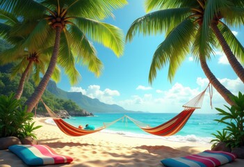 Naklejka premium vibrant beach hammock swings lush palm trees tropical paradise relaxation serenity vacation dream, ocean, sunset, sand, sky, clouds, nature, coastal, summer