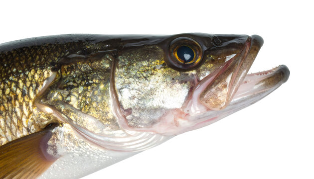 Sauger fish head with open mouth, revealing intricate scales and sharp teeth, set against transparent backdrop