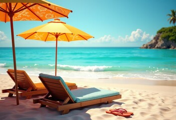 Obraz premium vibrant beach lounge setup flip flops sun loungers umbrella colorful towels relaxation coastal paradise, sea, ocean, sand, shore, sunset, holiday, vacation