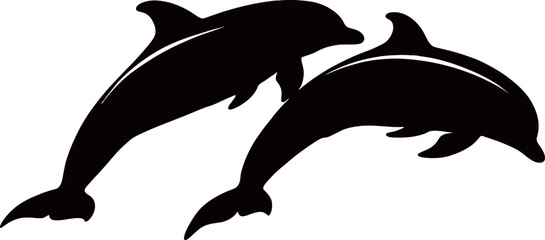 Obraz premium Two Black Dolphin Silhouettes Jumping Against White Background for Ocean Theme