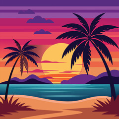 Palm Trees on Sunset Beach – Tropical Background Vector

