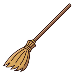Cartoon broom with wooden handle and straw bristles