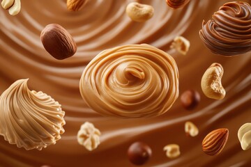 Peanut butter and hazelnut spread floating on caramel background