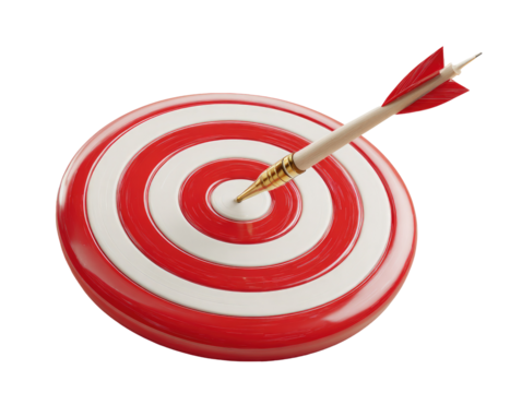 A 3D rendered target with a golden-tipped arrow precisely centered.  The target is red with white concentric rings. The arrow's shaft is light wood colored, and the fletching is red