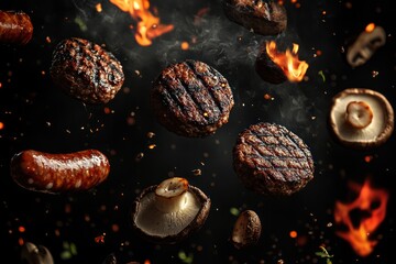 Grilled meats and mushrooms floating on charcoal background