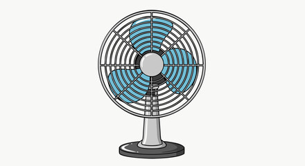 Cartoon illustration of a stationary pedestal fan with light blue blades.