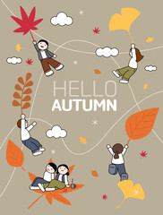 사람들이 단풍잎에 메달려 즐거워하고 있는 이미지(벡터)