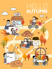 커피와 함께 가을을 즐기고 있는 사람들 이미지(벡터)