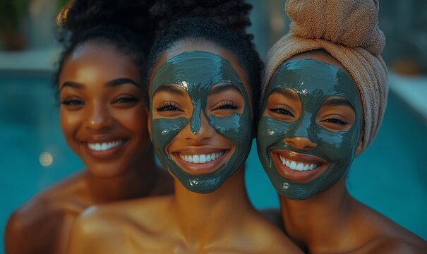 Portrait of Black female friends wearing skincare clay mud face masks, enjoying a spa day together, capturing a joyful moment of friendship and wellness, Generative AI