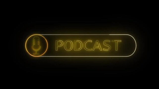 Online streaming podcast animation with yellow gold mic for media and technology. Digital audio content creator intro with glowing neon mic and abstract background.