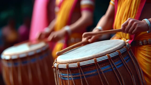 Traditional Odia musicians playing drums and cymbals during Ratha Yatra