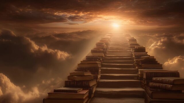 Sunrise over a symbolic staircase made of books leading up to a school, representing the journey of learning.
