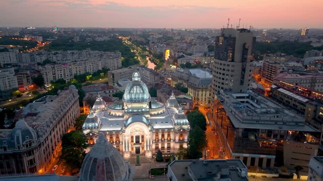 Bucharests Cityscape at Dusk A Stunning Display of Illuminated Architectural Marvels and Beauty. Romania