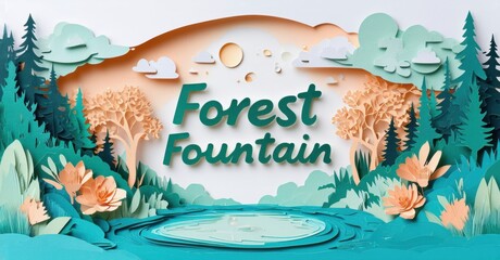 Fototapeta premium Papercraft forest scene depicts fountain, trees, flowers. Soft colors create peaceful, whimsical atmosphere. Nature illustration.