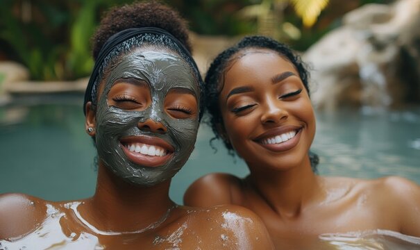 Black female friends smiling while wearing skincare clay mud face masks, bonding over a girlfriend spa day out, promoting relaxation and self-care, Generative AI - Powered by Adobe