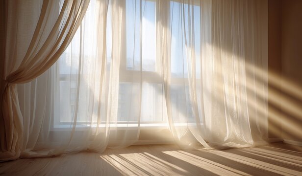 Sheer beige curtains in sunlit empty room creating soft shadows and highlights on the wall with almost transparent fabric against bright interior - Powered by Adobe