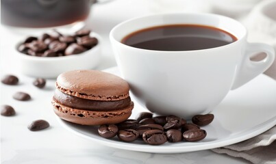 Hot coffee with a macaron and beans for a delicious treat and beverage