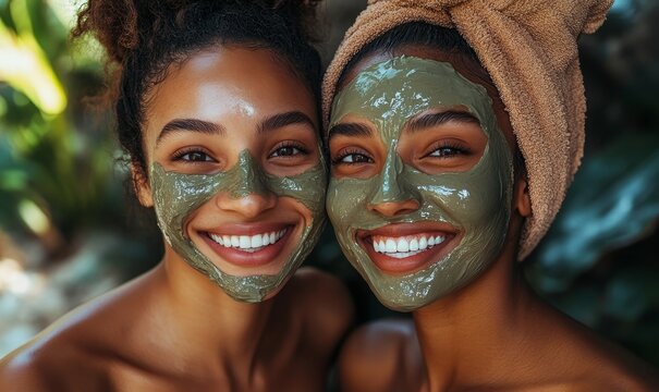 Black female friends smiling while wearing skincare clay mud face masks, bonding over a girlfriend spa day out, promoting relaxation and self-care, Generative AI - Powered by Adobe