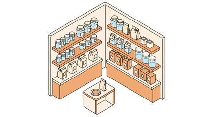 Shop shelves with jars and boxes isometric view