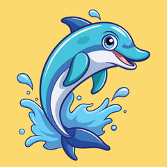 Fototapeta premium Cartoon Dolphin Leaping Out of the Water with a Cheerful Expression and Water Splashes