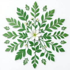 intricate leaves and blooming flowers in circular symmetry, green floral paper cut artwork isolated on pure white background