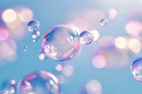 Floating soap bubbles and droplets on sky blue background