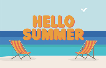 Flat Design Summer Scene Featuring Orange Yellow Deck Chairs by the Sea