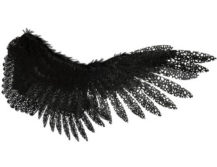 3D rendered angel wing featuring intricate black lace-style feathers, isolated on transparent background
